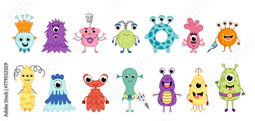 Set of space aliens. Colorful ufo monsters. Cartoon, vector