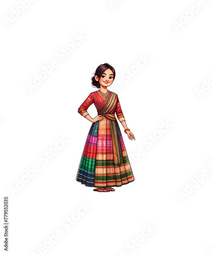 A traditional Mizoram woman, wearing Puan with a matching blouse, smiling and standing confidently, isolated on a White background photo