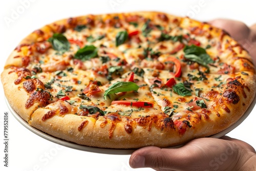 hand holding a pizza isolated on a white background