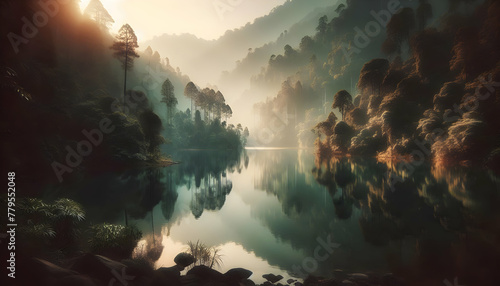 Photo real as Lake Serenity A serene lake reflects the calmness of nature embrace. in nature and landscapes theme  for advertisement and banner  Full depth of field  high quality  include copy space o