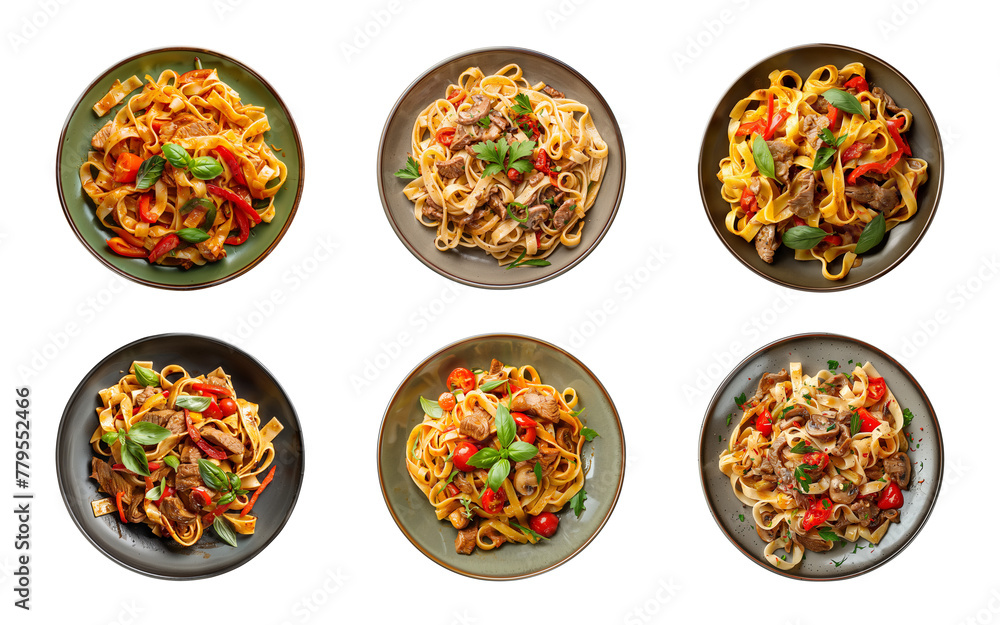 Collection of top view plate of fettuccine pasta or kwetiau isolated on a transparent background, PNG Collection of top view plate of fettuccine pasta or kwetiau isolated on a transparent background, PNG