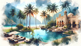 Photo real as Oasis Opulence A hidden oasis comes to life in lush watercolor strokes. in nature and landscapes theme ,for advertisement and banner ,Full depth of field, high quality ,include copy spac