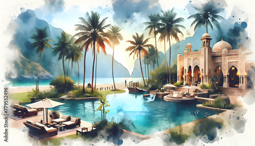 Photo real as Oasis Opulence A hidden oasis comes to life in lush watercolor strokes. in nature and landscapes theme ,for advertisement and banner ,Full depth of field, high quality ,include copy spac © Gohgah
