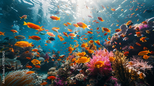 Tropical coral reef teeming with colorful marine life in the deep blue waters of the Red Sea