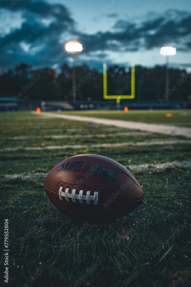 A closeup of an american football on a football field