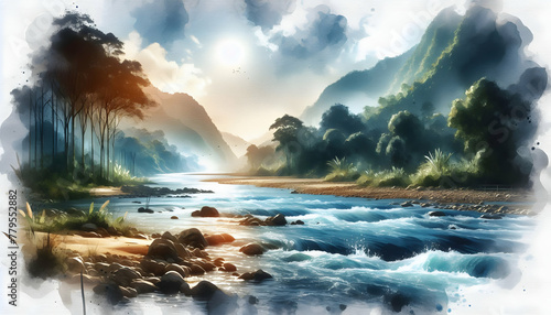 Photo real as River Reverie A meandering river journey captured in flowing watercolors. in nature and landscapes theme  for advertisement and banner  Full depth of field  high quality  include copy sp