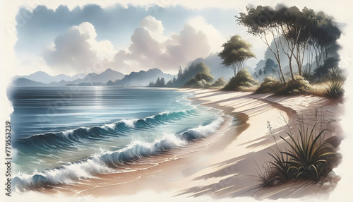 Photo real as Serene Shoreline A peaceful beach scene with gentle watercolor waves. in nature and landscapes theme  for advertisement and banner  Full depth of field  high quality  include copy space 