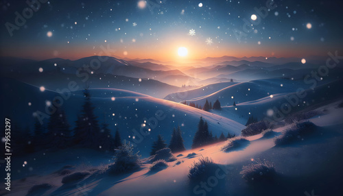 Photo real as Snowy Serenade Gentle snowflakes falling on undisturbed snowy hills at dusk. in nature and landscapes theme ,for advertisement and banner ,Full depth of field, high quality ,include copy