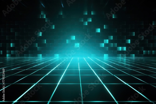 teal light grid on dark background central perspective, futuristic retro style with copy space for design text photo backdrop