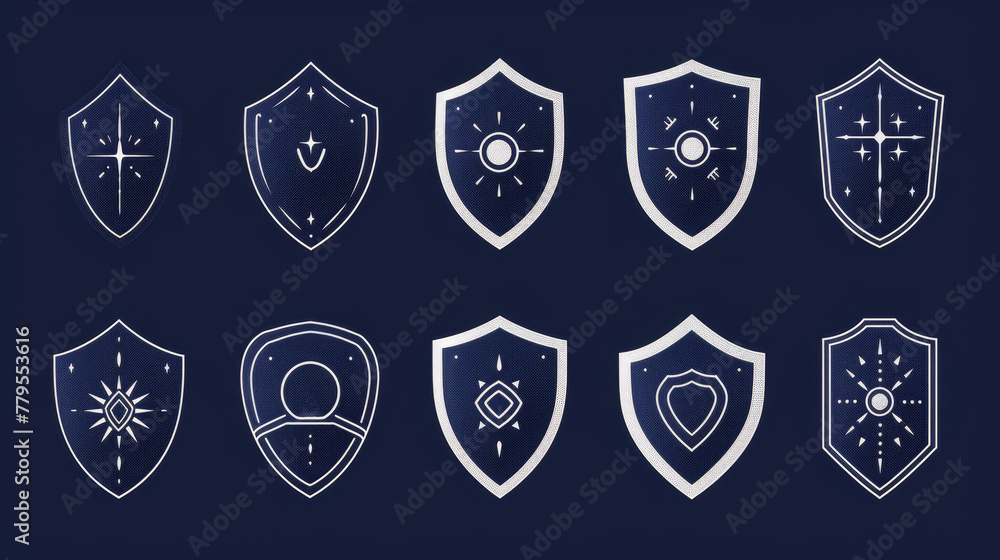 Collection of detailed shield icons showcasing various protection designs