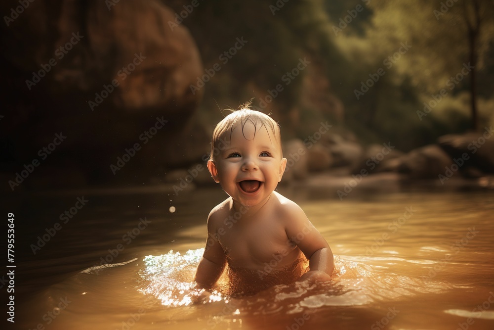 AI generated illustration of a smiling young child swimming in a river with splashing waves AI generated illustration of a smiling young child swimming in a river with splashing waves