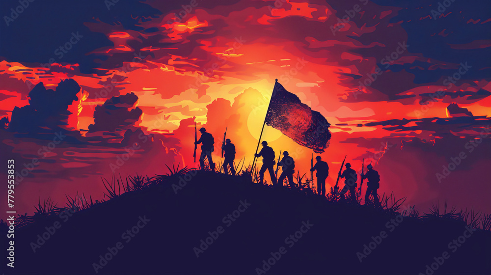 Obraz premium Silhouetted soldiers with flag against dramatic sunset on Day of Valor (Araw ng Kagitingan)