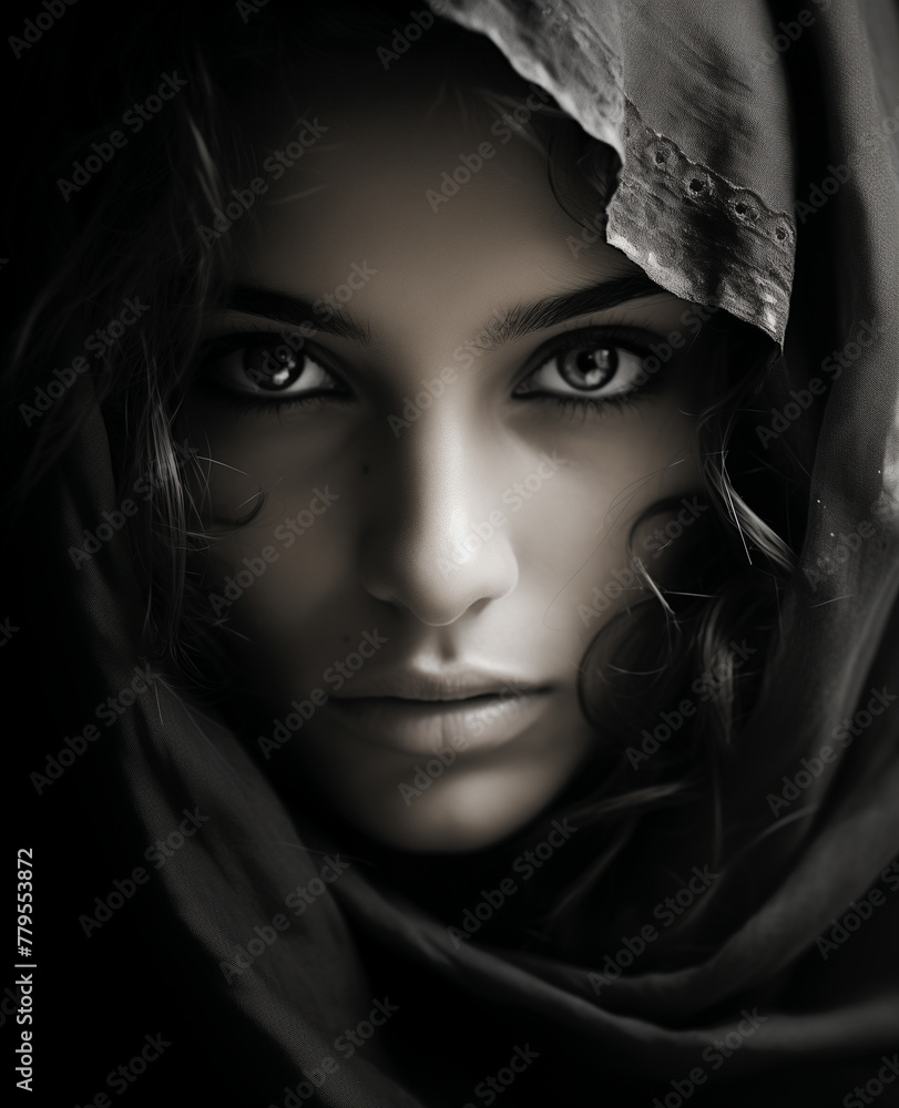 AI generated illustration of a black and white portrait of a stunning woman wearing a scarf AI generated illustration of a black and white portrait of a stunning woman wearing a scarf