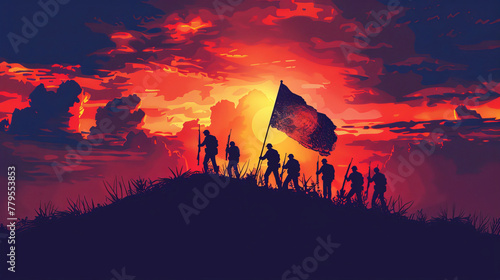 Silhouetted soldiers with flag against dramatic sunset on Day of Valor (Araw ng Kagitingan) © Robert Kneschke