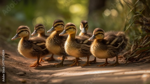 AI generated illustration of a group of small ducks walking along a rural dirt path © Wirestock