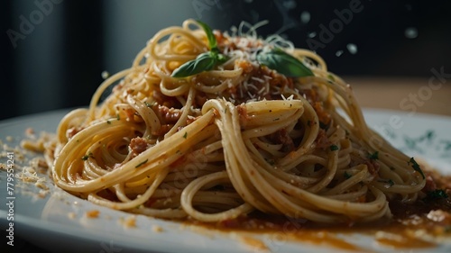 AI generated illustration of Spaghetti being placed into a white bowl