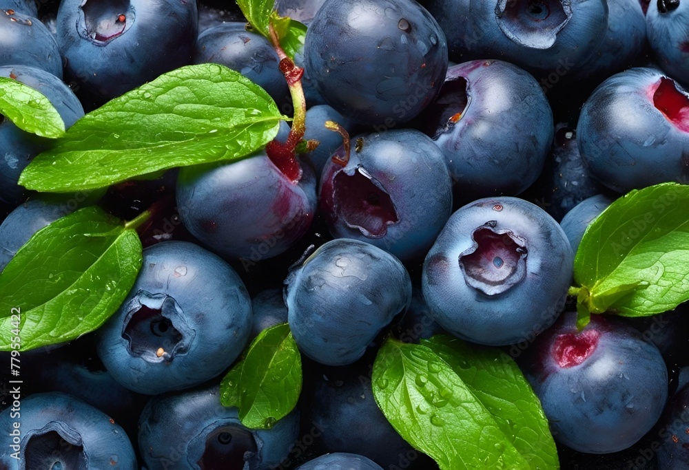 Fototapeta premium AI-generated illustration of fresh blueberries with green leaves