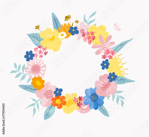 Floral wreath of colorful beautiful flowers isolated on  white background. Vector clipart for the design of postcards, invitations, promotional materials and more.