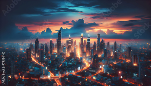 Photo real as Urban Panorama The urban skyline glows reflecting the city vibrant pulse. in nature and landscapes theme  for advertisement and banner  Full depth of field  high quality  include copy sp