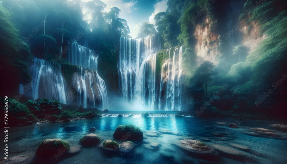 Photo real as Waterfall Majesty A towering waterfall cascading into a crystal clear pool below. in nature and landscapes theme ,for advertisement and banner ,Full depth of field, high quality ,include