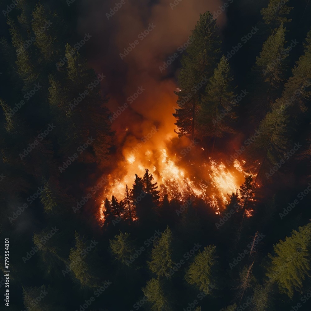 Aerial view of Wildfire flames in middle of Spruce trees, during nighttime, AI-generated.