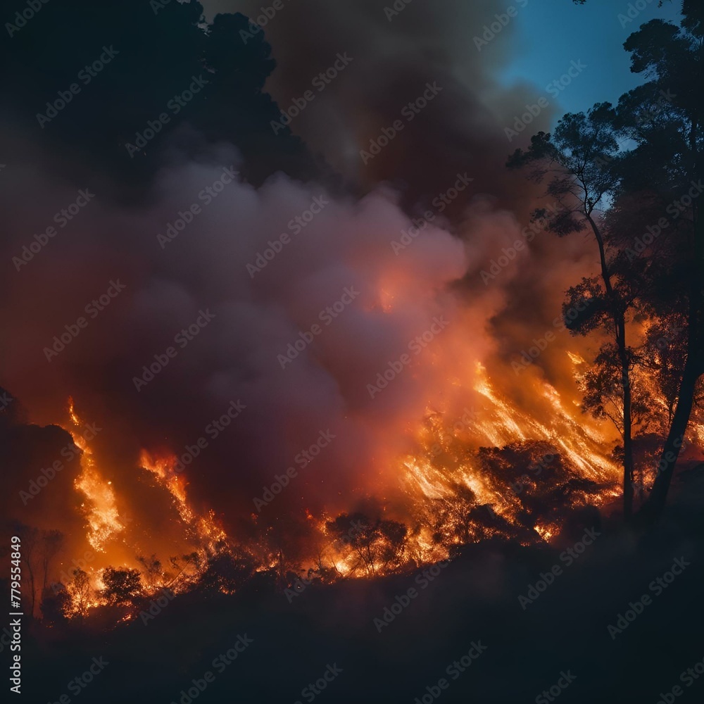 Jungle in flames, smoking wildfire in the rainforests of south America, during nightime