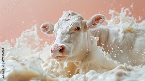 A banner with a white cow in milk on a pink background. Cow with splashes of milk background with copy space. Dairy products concept.