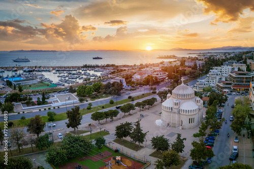 Aerial sunset view of the Saint Constantine square and church in Glyfada district, south Athens, Greece