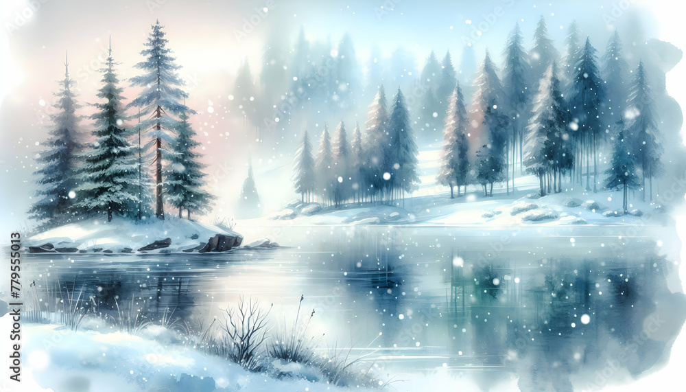 Photo real as Winter Whisper A silent snowfall over a tranquil watercolor winter scene. in nature and landscapes theme ,for advertisement and banner ,Full depth of field, high quality ,include copy sp