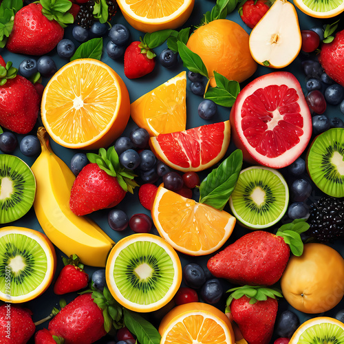 Fresh fruits and vegetables  fruit salad decoration flatlay background  acrylic painting  generative AI