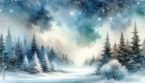 Photo real as Winter Whisper A silent snowfall over a tranquil watercolor winter scene. in nature and landscapes theme ,for advertisement and banner ,Full depth of field, high quality ,include copy sp © Gohgah