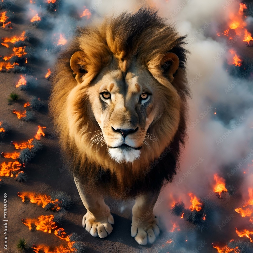 a lion standing on the ground with some flames in the background