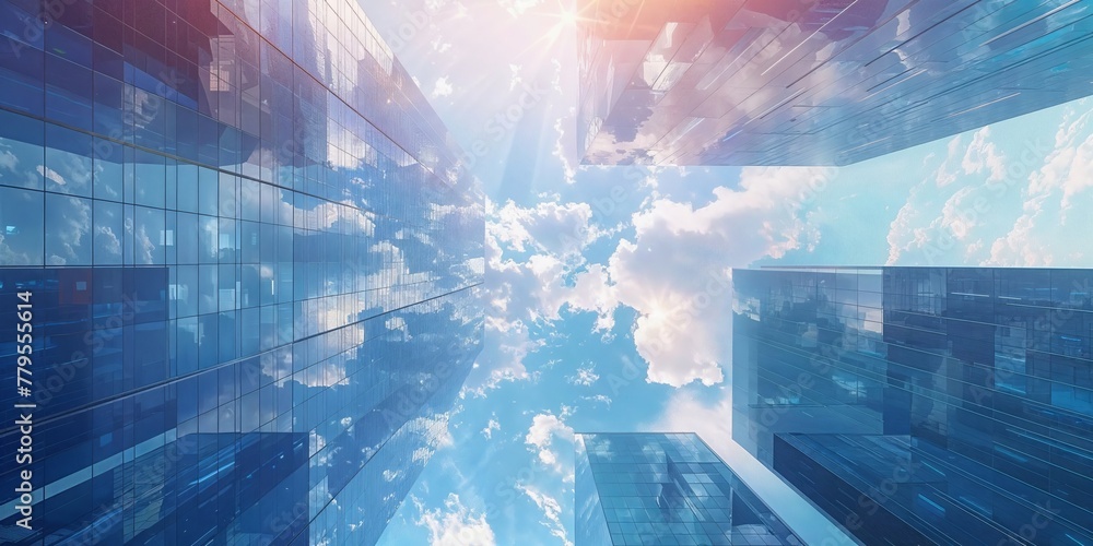 Modern skyscrapers of a smart city, futuristic financial district, graphic perspective of buildings and reflections - Architectural blue background for corporate and business brochure template Modern skyscrapers of a smart city, futuristic financial district, graphic perspective of buildings and reflections - Architectural blue background for corporate and business brochure template
