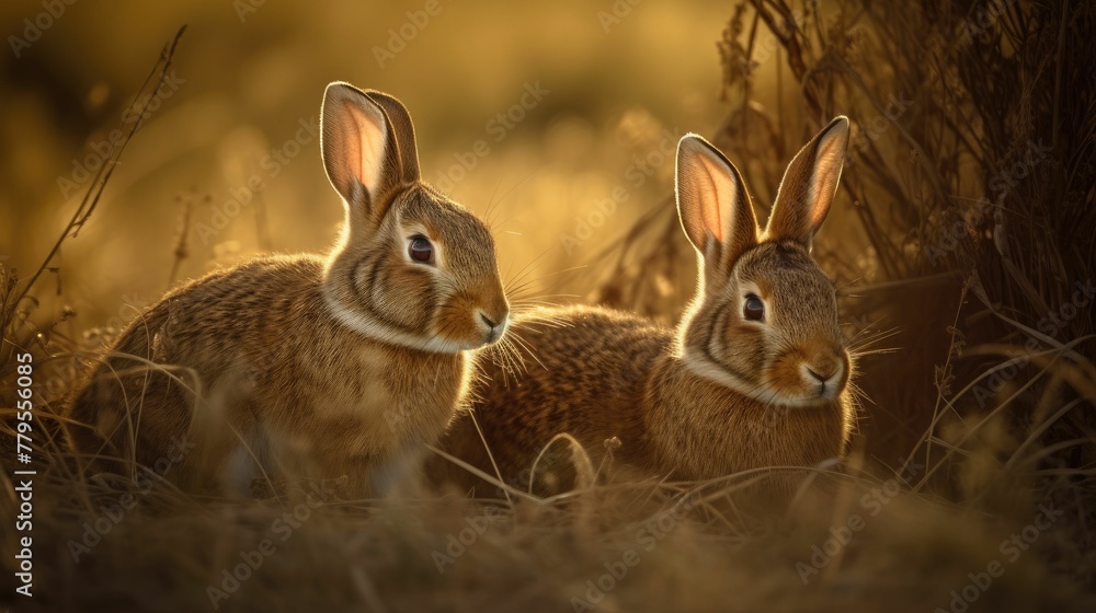 Obraz premium AI generated illustration of two brown rabbits standing in a tall grassy meadow