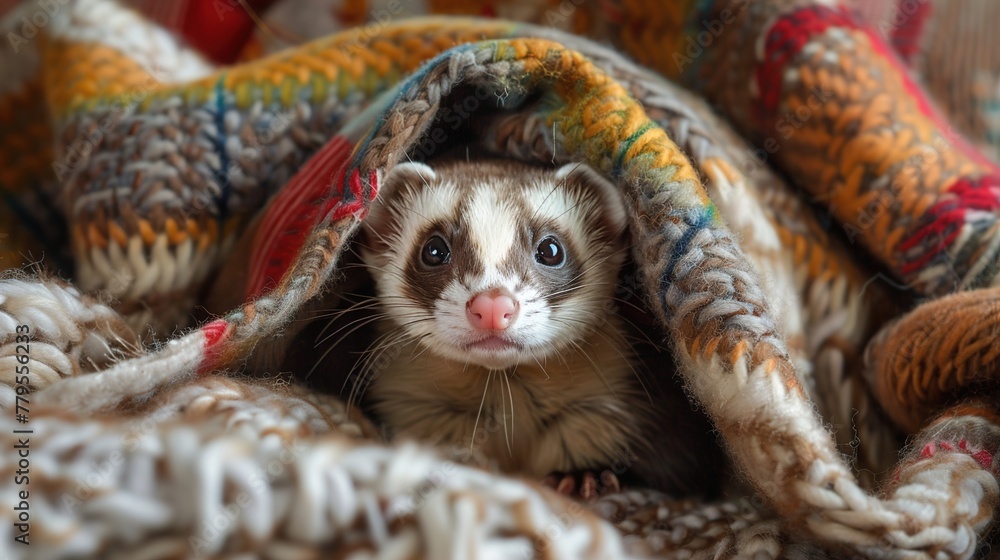 A playful ferret peeking out from a pile of blankets, its mischievous eyes twinkling with curiosity and playfulness.