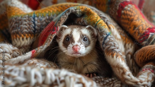 A playful ferret peeking out from a pile of blankets, its mischievous eyes twinkling with curiosity and playfulness.