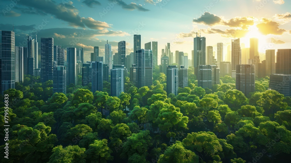 An The trees that make up a modern city. A city built to preserve the ecological system. Concept of environmental conservation.