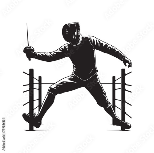 Fencing sport  vector silhouette, side view. fencer illustration
