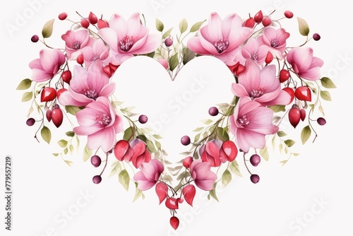 Watercolor bleeding heart clipart with heart-shaped pink and white blooms.flowers frame, botanical border, on white background. photo