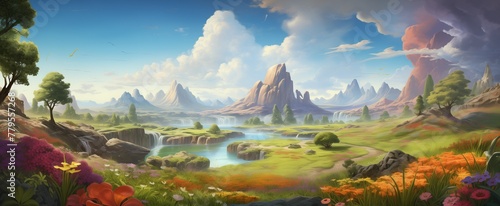 AI generated illustration of a vibrant floral landscape with majestic mountains in an animated style