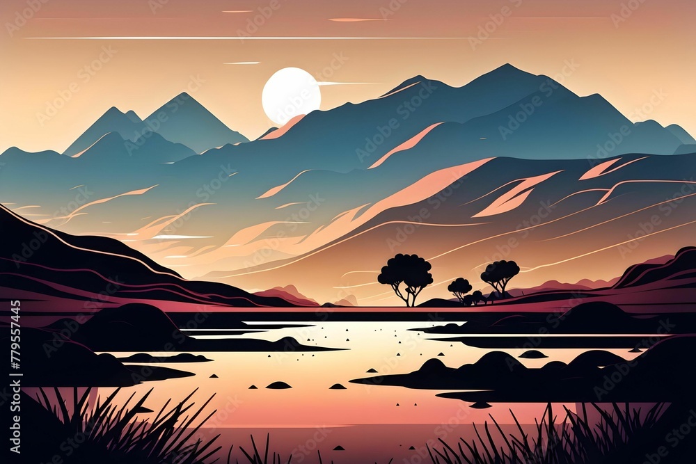 AI generated illustration of a scenic landscape with a mountain range and a lake
