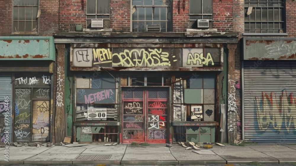 Fototapeta premium front view, facades, boarded windows, broken windows, graffiti