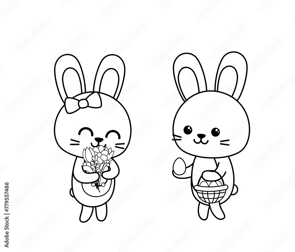 Coloring page Easter rabbits with flowers and eggs. Black and white bunny. Vector. Coloring page Easter rabbits with flowers and eggs. Black and white bunny. Vector.