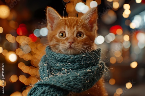 Cute funny fluffy kitten sitting in blue warm knitted scarf 