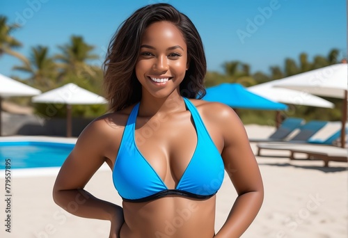 Smiling African American woman wearing blue bikini at tropical resort, summer vacation concept, holiday travel