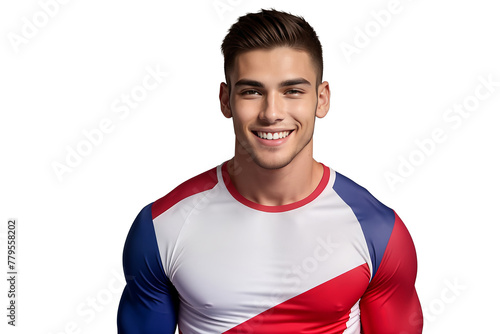 Smiling young Caucasian male athlete wearing a red, white, and blue gymnastics leotard isolated on white backdrop, ideal for sports and fitness concepts © fotogurmespb