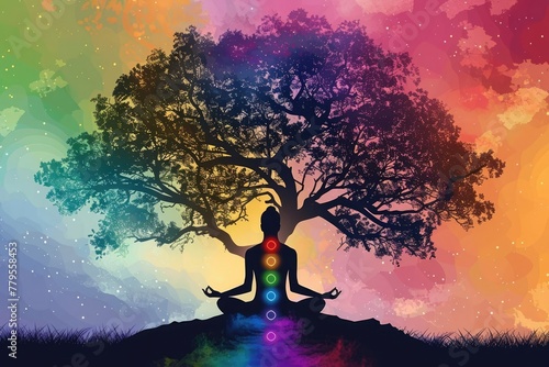 Silhouette of Individual Meditating Under Colorful Tree - A Symbol of Tranquility and Spiritual Balance