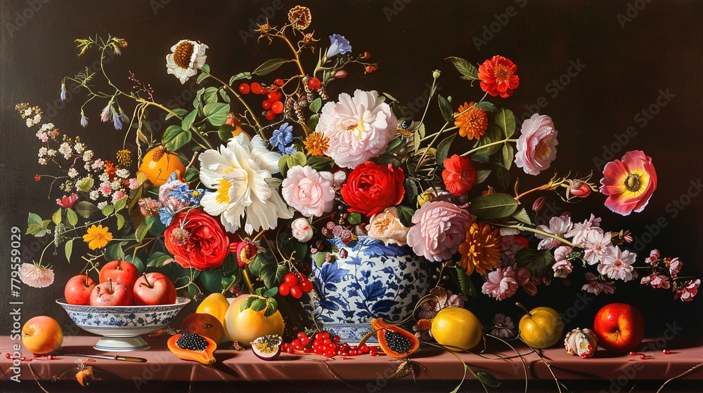 A traditional still life painting showcasing an arrangement of fruits, flowers, and objects with meticulous attention to detail and light play.