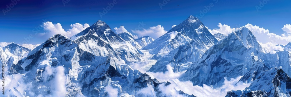 Panoramic View of Mt Everest and Nuptse in the Blue Mountains. Footed at Camp with Clouds and Glacier on Sunny Day