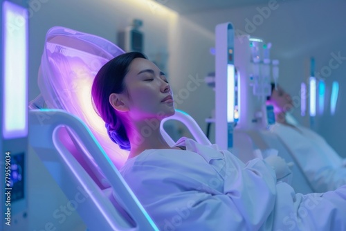 Cellular therapy session, patient perspective, soothing ambient lighting, clinical environment
